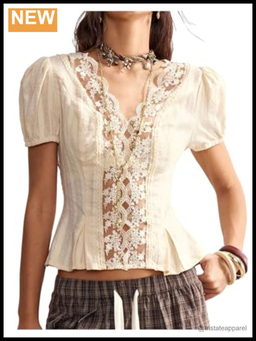 Women's Floral Lace Peplum Top Puff Sleeve V-Neck Boho Blouse